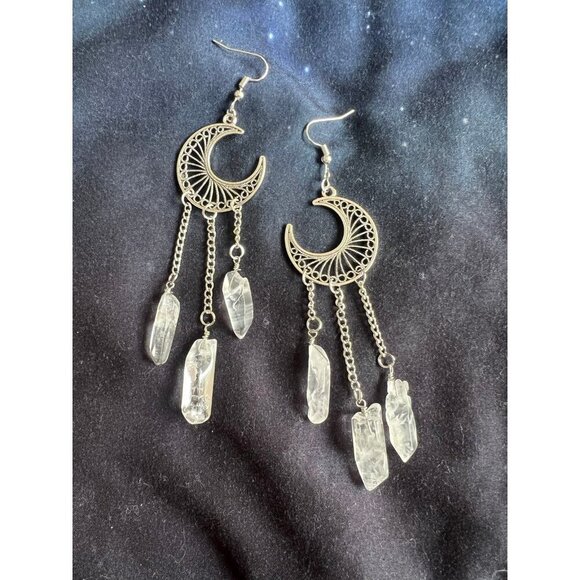Celestial! Triple Clear Quartz Moon Chandelier Earrings! - Picture 6 of 8